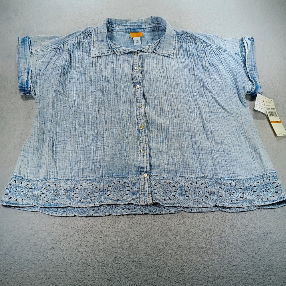 Ruby Rd Woman Boho Chic Blue 3X Crochet Lace Hem Cotton Gauze Shirt